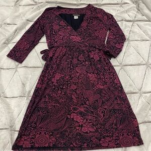 Athleta 3/4 Sleeve Mini Dress Womens S Black Pink Paisley Floral V Neck Stretch